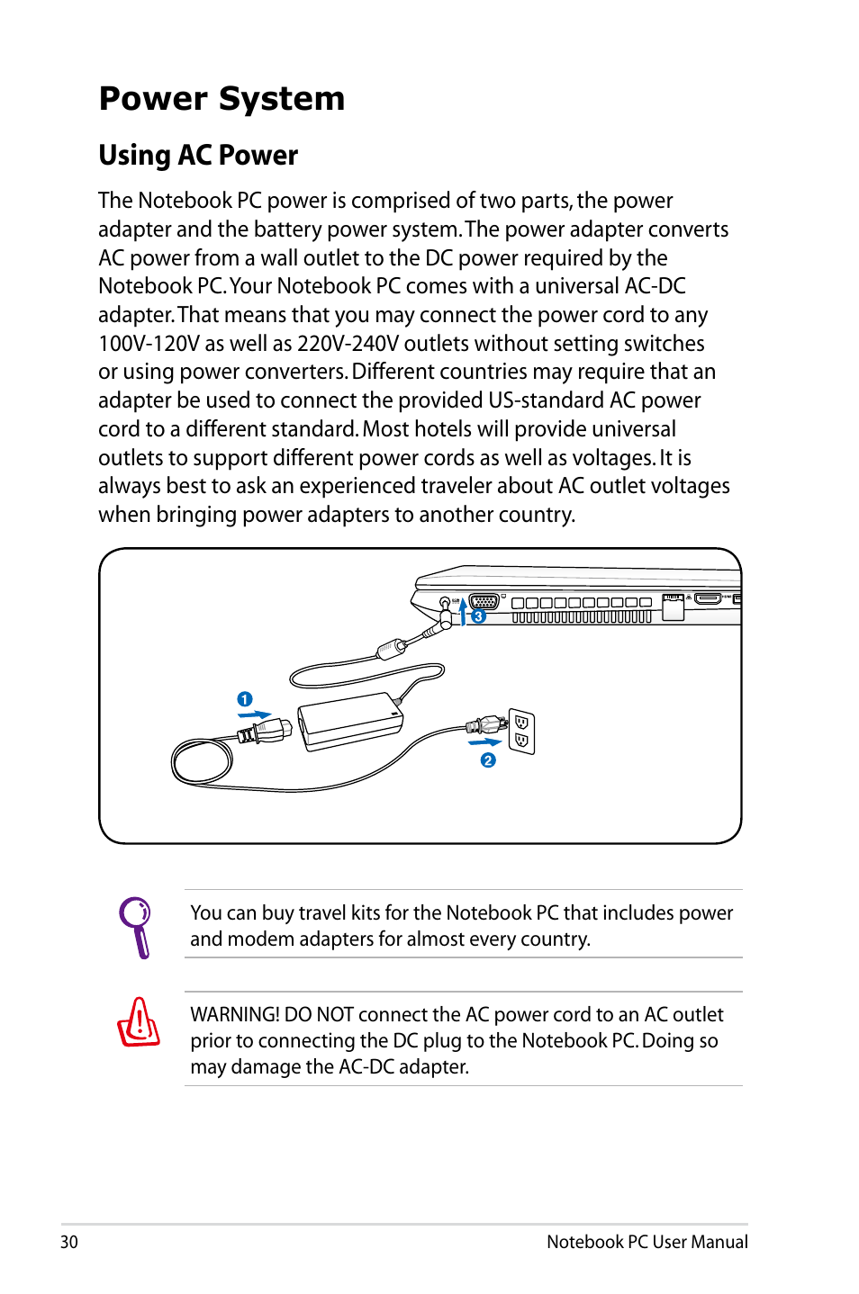 Power system, Using ac power | Asus R701VZ User Manual | Page 30 / 122