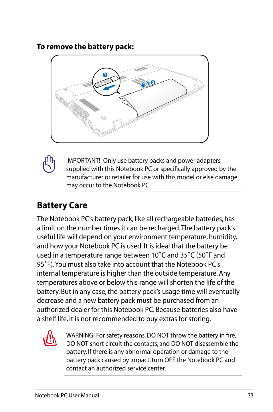 Battery care | Asus R701VZ User Manual | Page 33 / 122