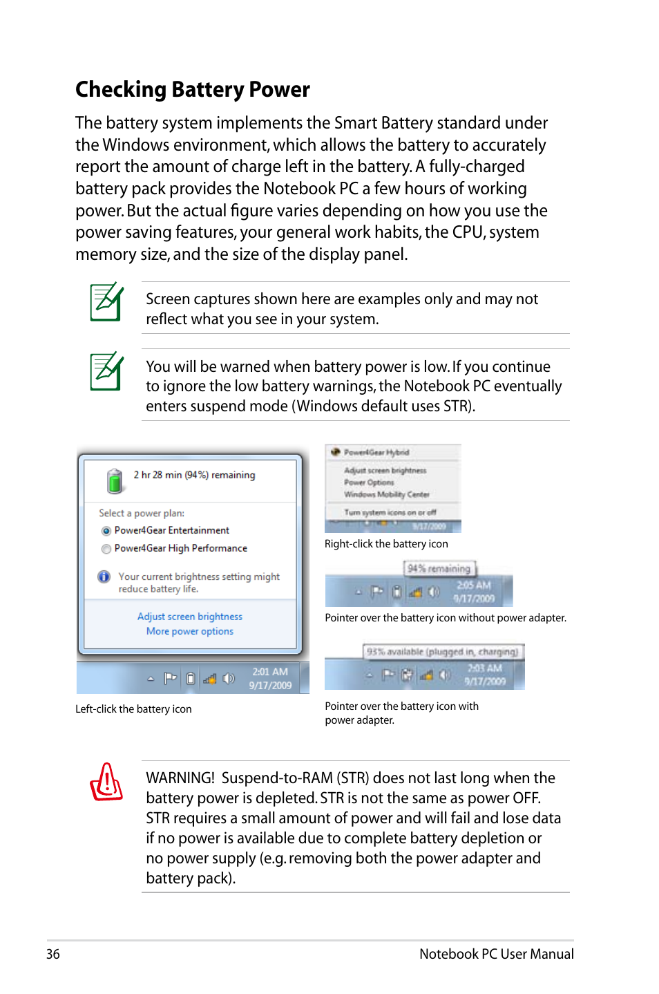 Checking battery power | Asus R701VZ User Manual | Page 36 / 122