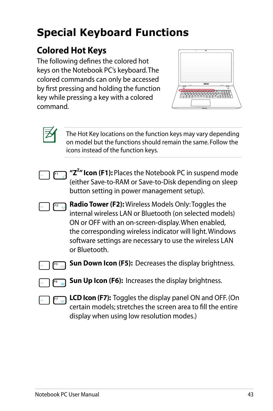 Special keyboard functions, Colored hot keys | Asus R701VZ User Manual | Page 43 / 122