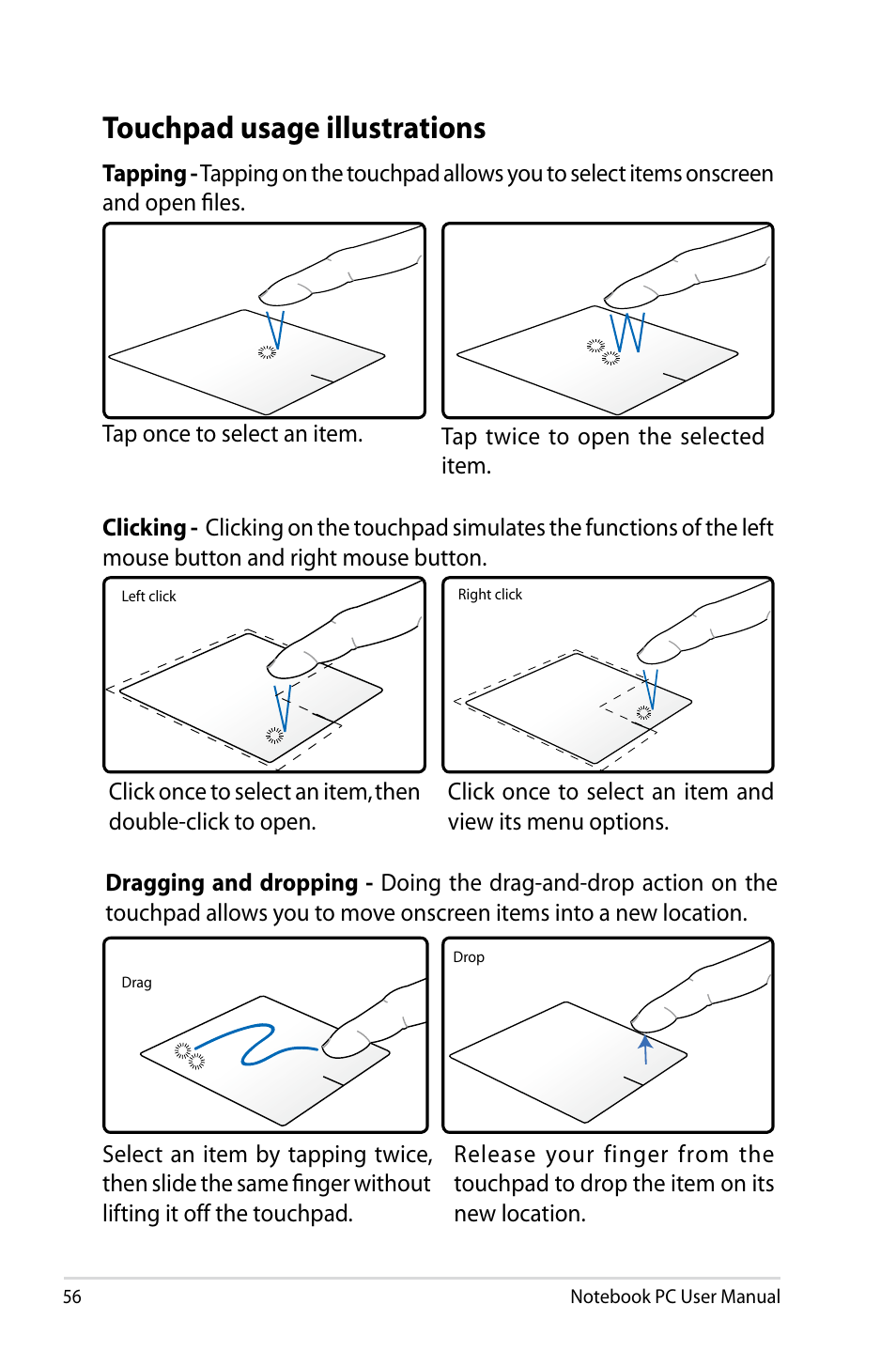 Touchpad usage illustrations | Asus R701VZ User Manual | Page 56 / 122