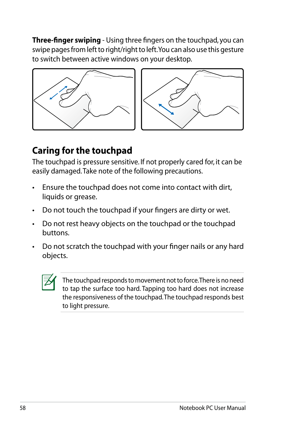 Caring for the touchpad | Asus R701VZ User Manual | Page 58 / 122
