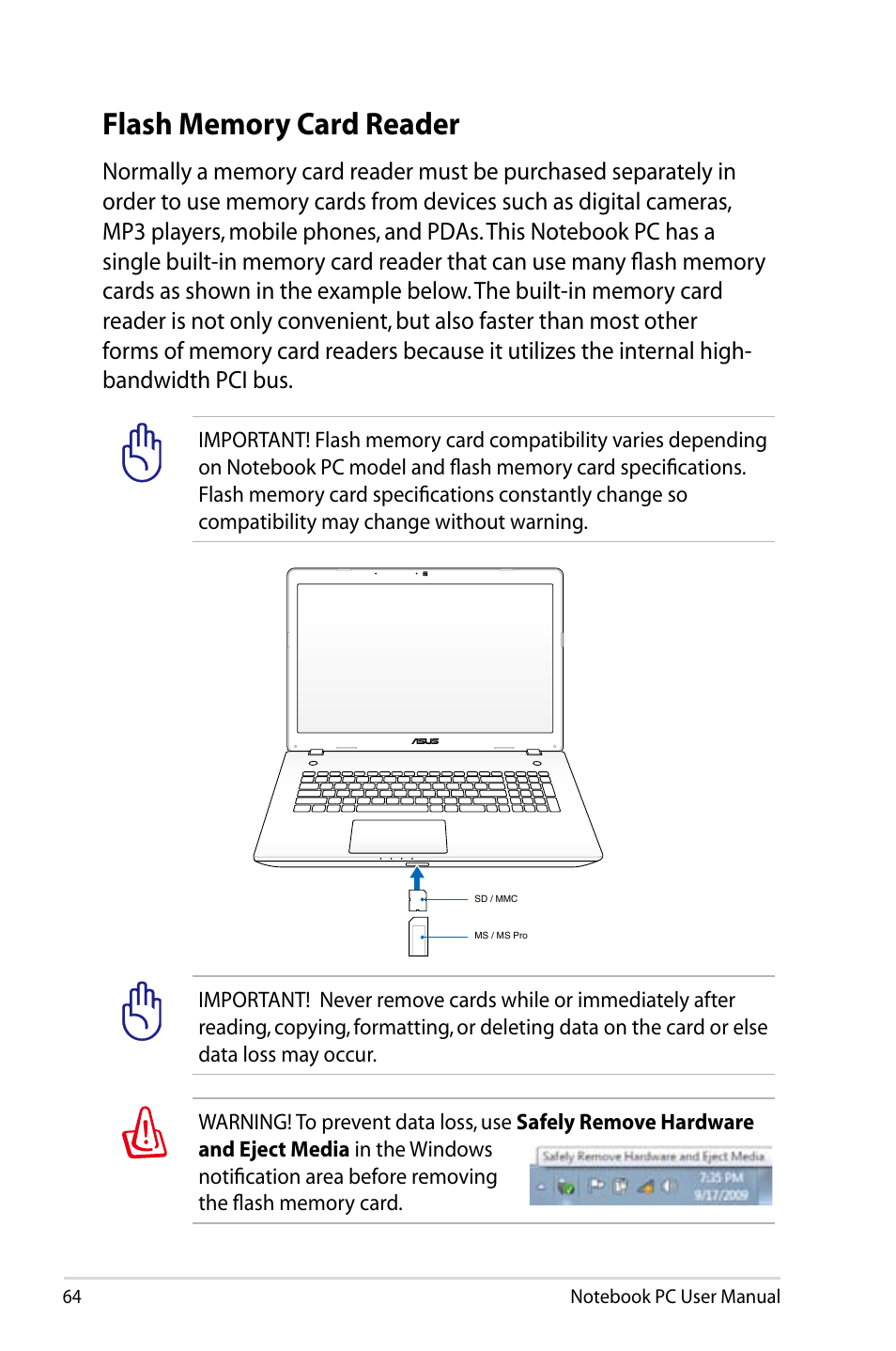 Flash memory card reader | Asus R701VZ User Manual | Page 64 / 122