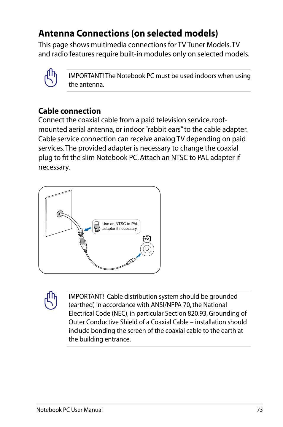 Antenna connections (on selected models), Cable connection | Asus R701VZ User Manual | Page 73 / 122