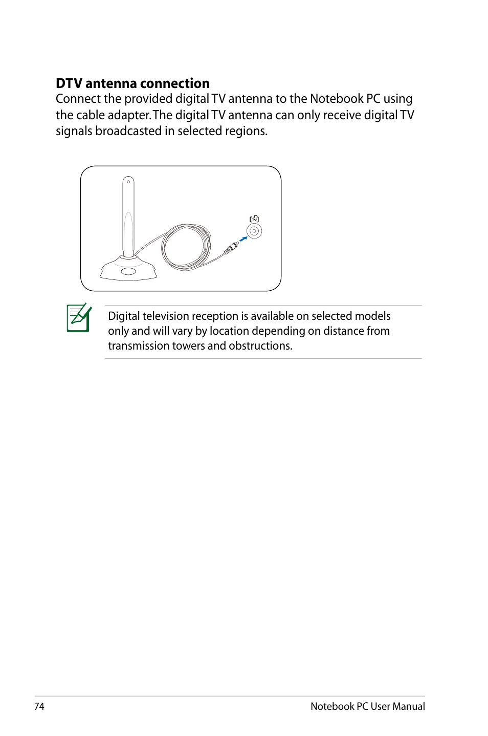 Dtv antenna connection | Asus R701VZ User Manual | Page 74 / 122