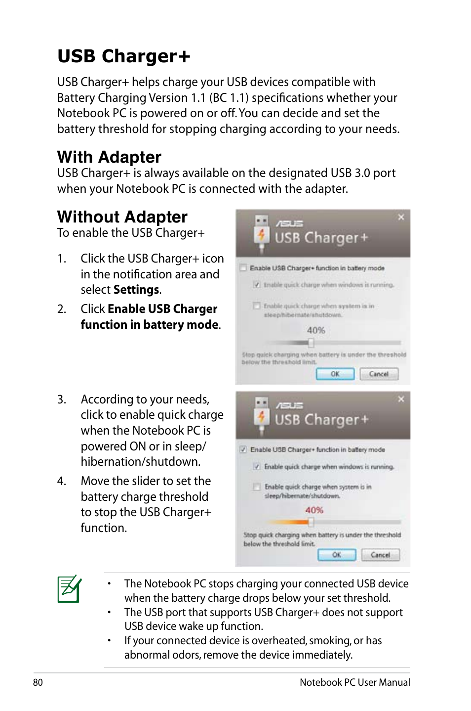 Usb charger, With adapter, Without adapter | Asus R701VZ User Manual | Page 80 / 122