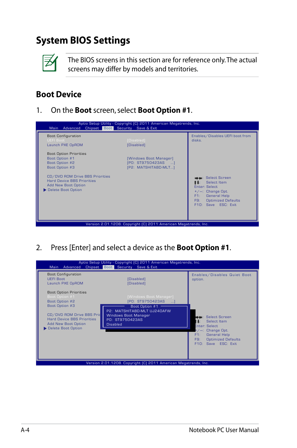 System bios settings, Boot device, On the boot screen, select boot option #1 | Asus R701VZ User Manual | Page 84 / 122