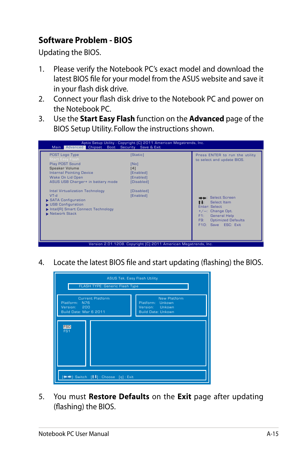 Software problem - bios | Asus R701VZ User Manual | Page 95 / 122