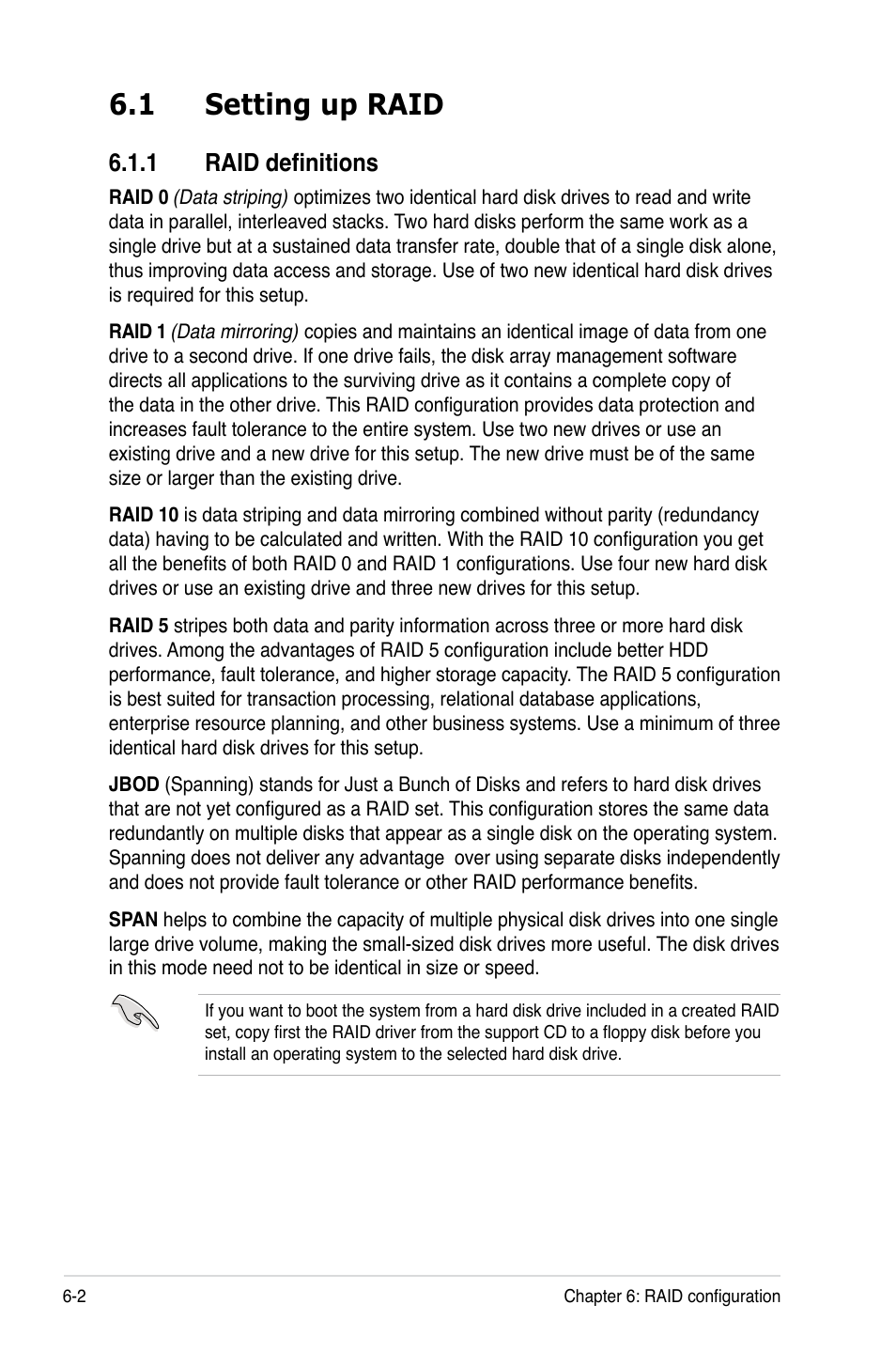 1 setting up raid, 1 raid definitions, Setting up raid -2 6.1.1 | Raid definitions -2 | Asus RS500A-S6/PS4 User Manual | Page 106 / 142