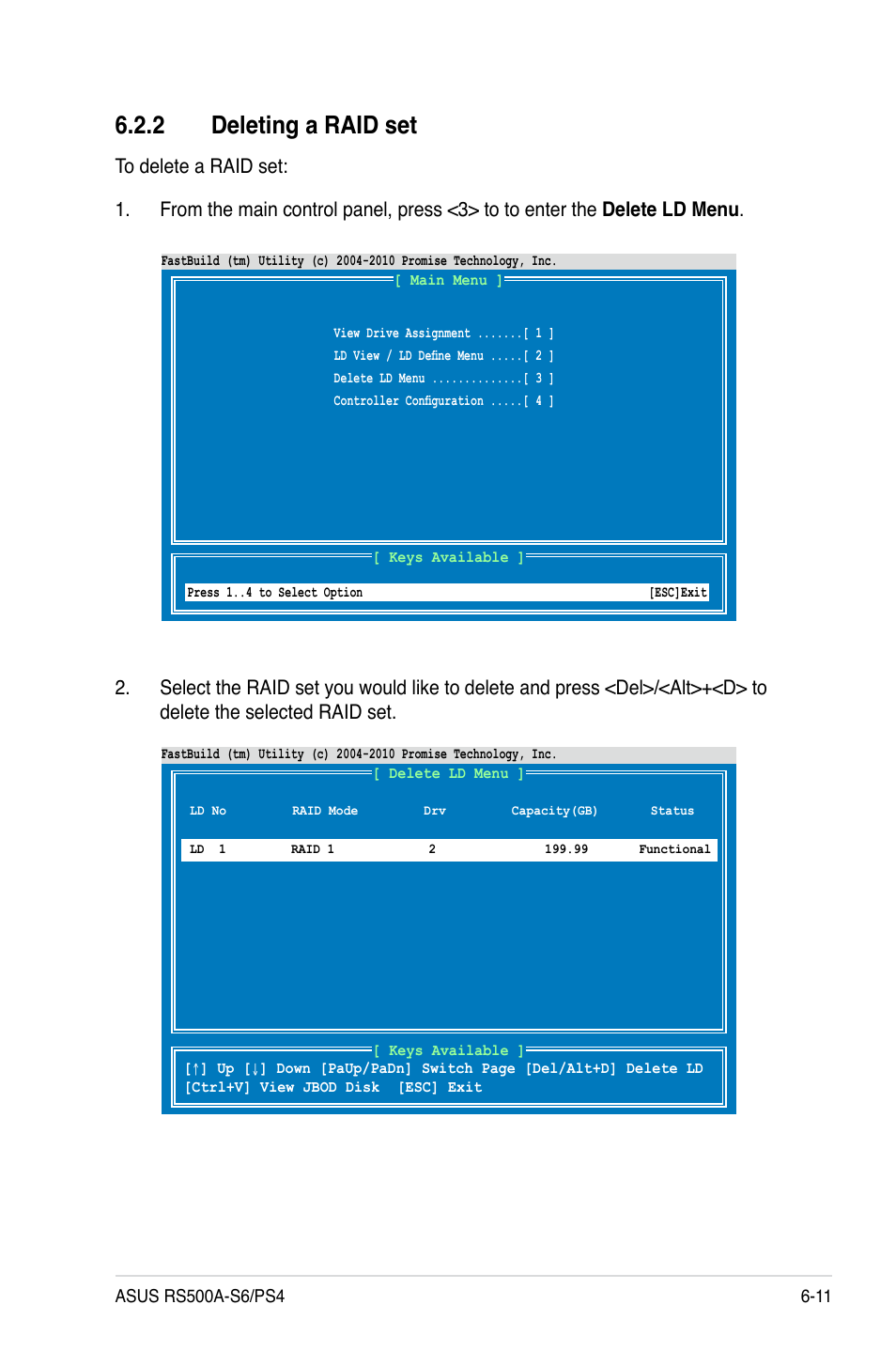 2 deleting a raid set, Deleting a raid set -11 | Asus RS500A-S6/PS4 User Manual | Page 115 / 142