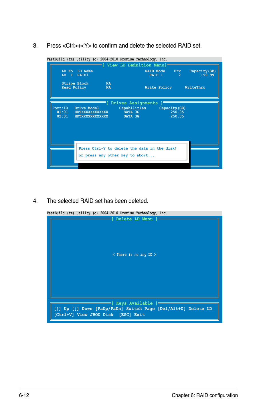 The selected raid set has been deleted, 12 chapter 6: raid configuration | Asus RS500A-S6/PS4 User Manual | Page 116 / 142