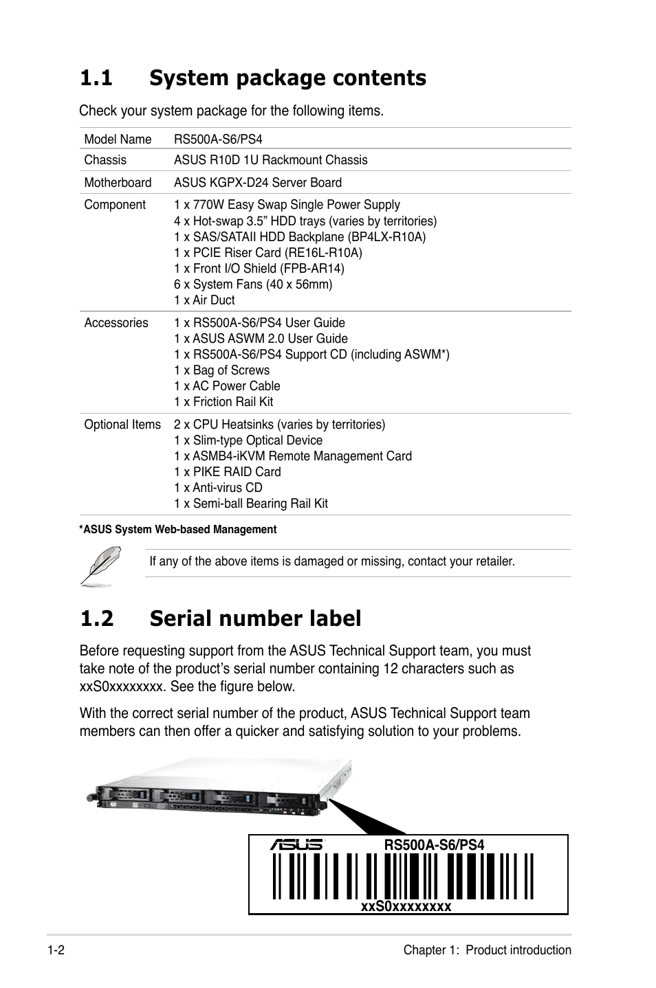 1 system package contents, 2 serial number label, System package contents -2 | Serial number label -2 | Asus RS500A-S6/PS4 User Manual | Page 12 / 142