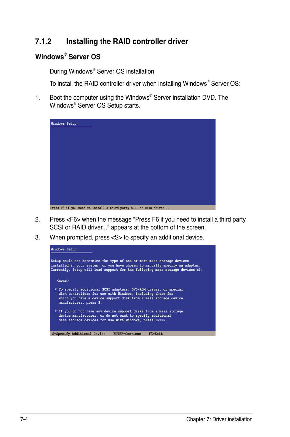 2 installing the raid controller driver, Installing the raid controller driver -4, Windows | Server os, During windows, Server os: 1. boot the computer using the windows, Server installation dvd. the windows | Asus RS500A-S6/PS4 User Manual | Page 122 / 142