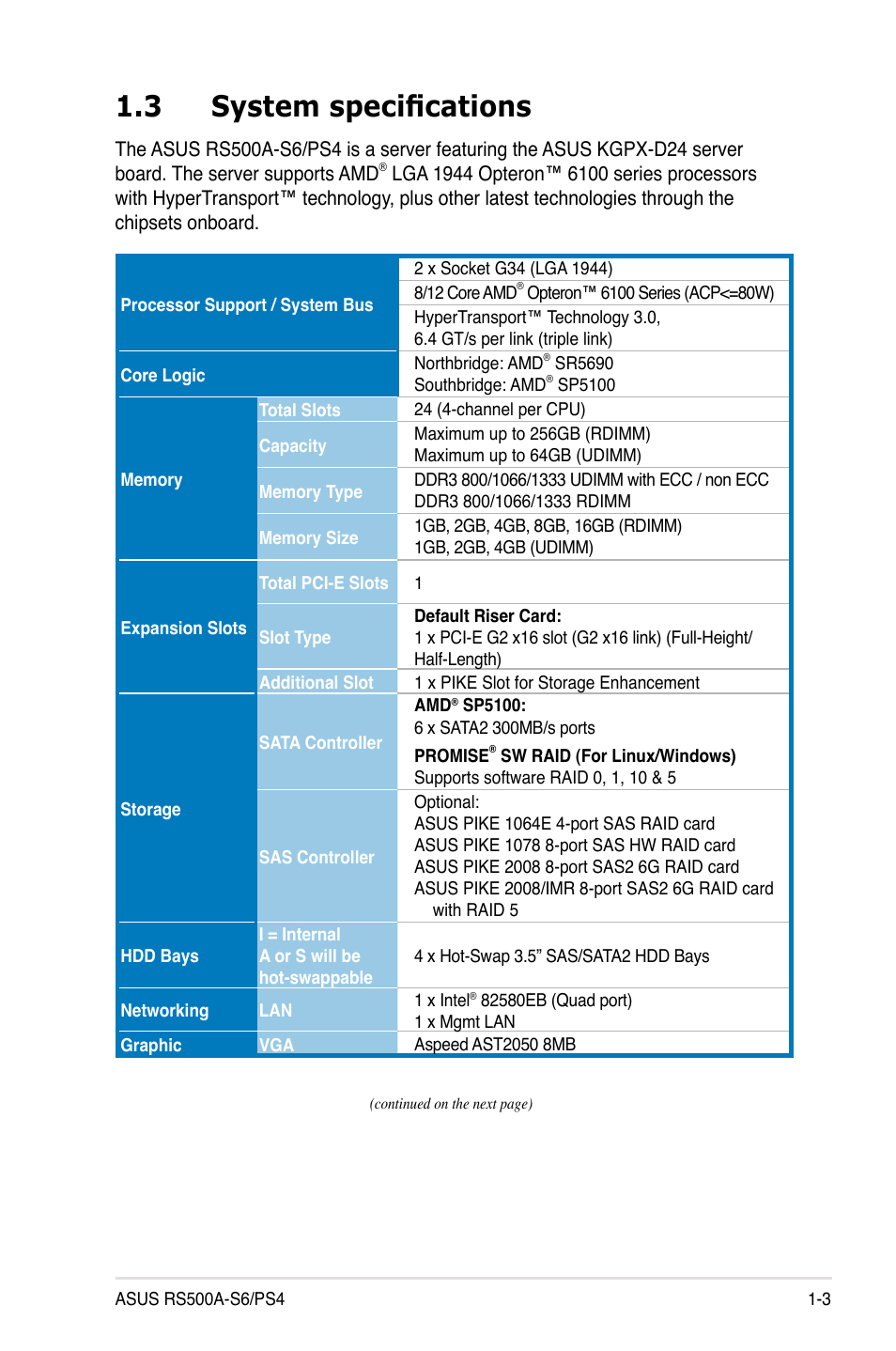 3 system specifications, System specifications -3 | Asus RS500A-S6/PS4 User Manual | Page 13 / 142