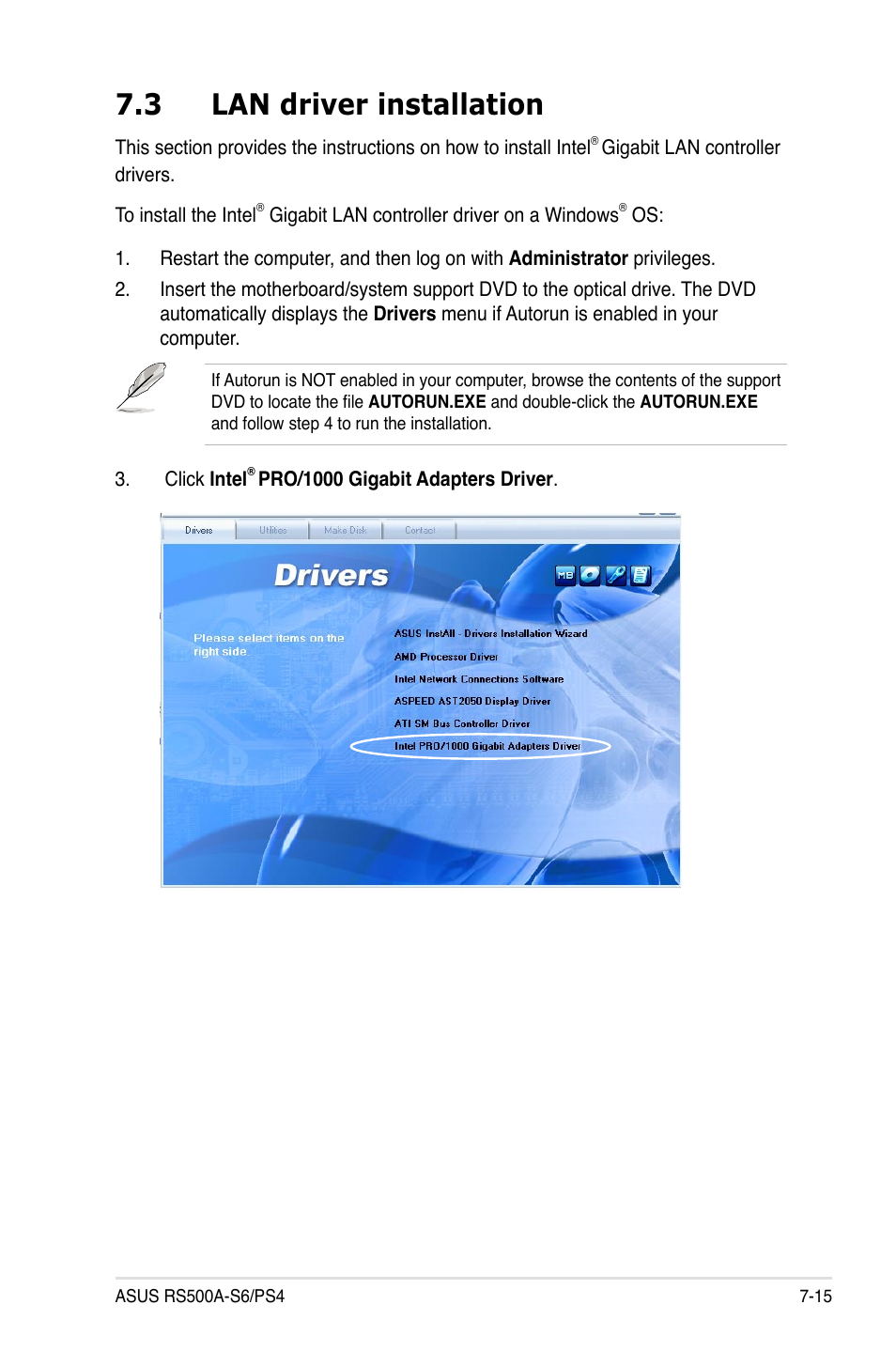 3 lan driver installation, Lan driver installation -15 | Asus RS500A-S6/PS4 User Manual | Page 133 / 142