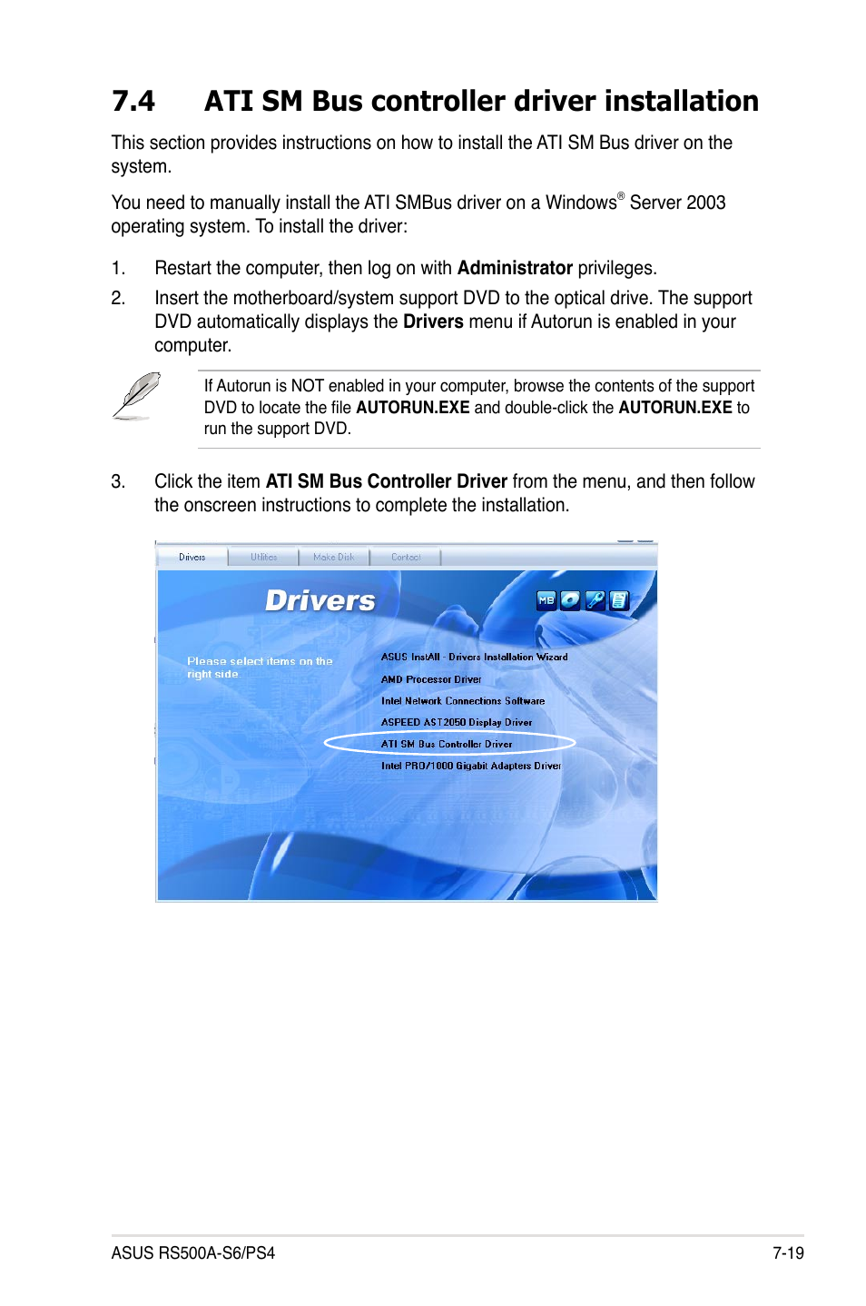 4 ati sm bus controller driver installation, Ati sm bus controller driver installation -19 | Asus RS500A-S6/PS4 User Manual | Page 137 / 142
