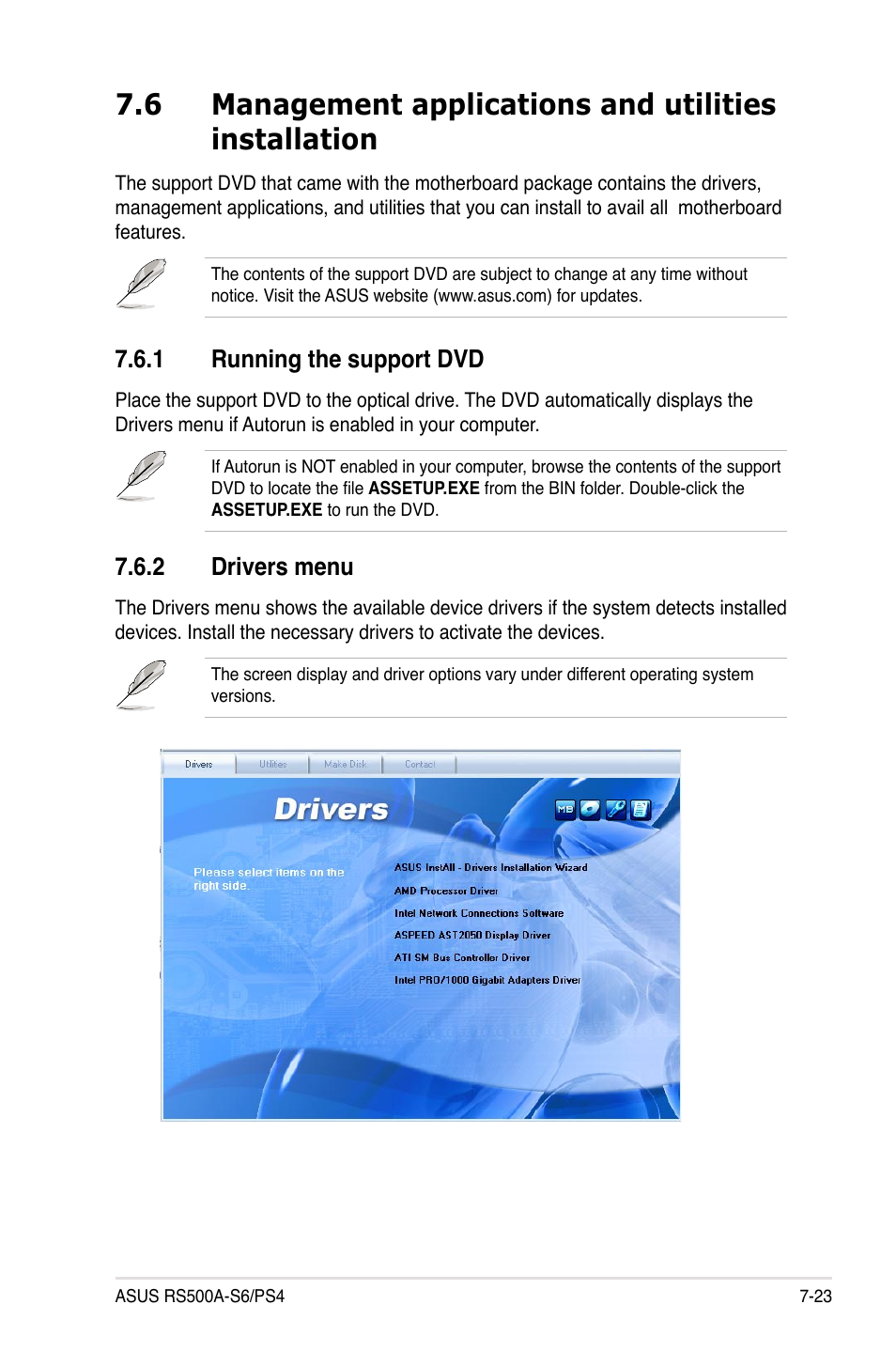 1 running the support dvd, 2 drivers menu, Running the support dvd -23 | Drivers menu -23 | Asus RS500A-S6/PS4 User Manual | Page 141 / 142