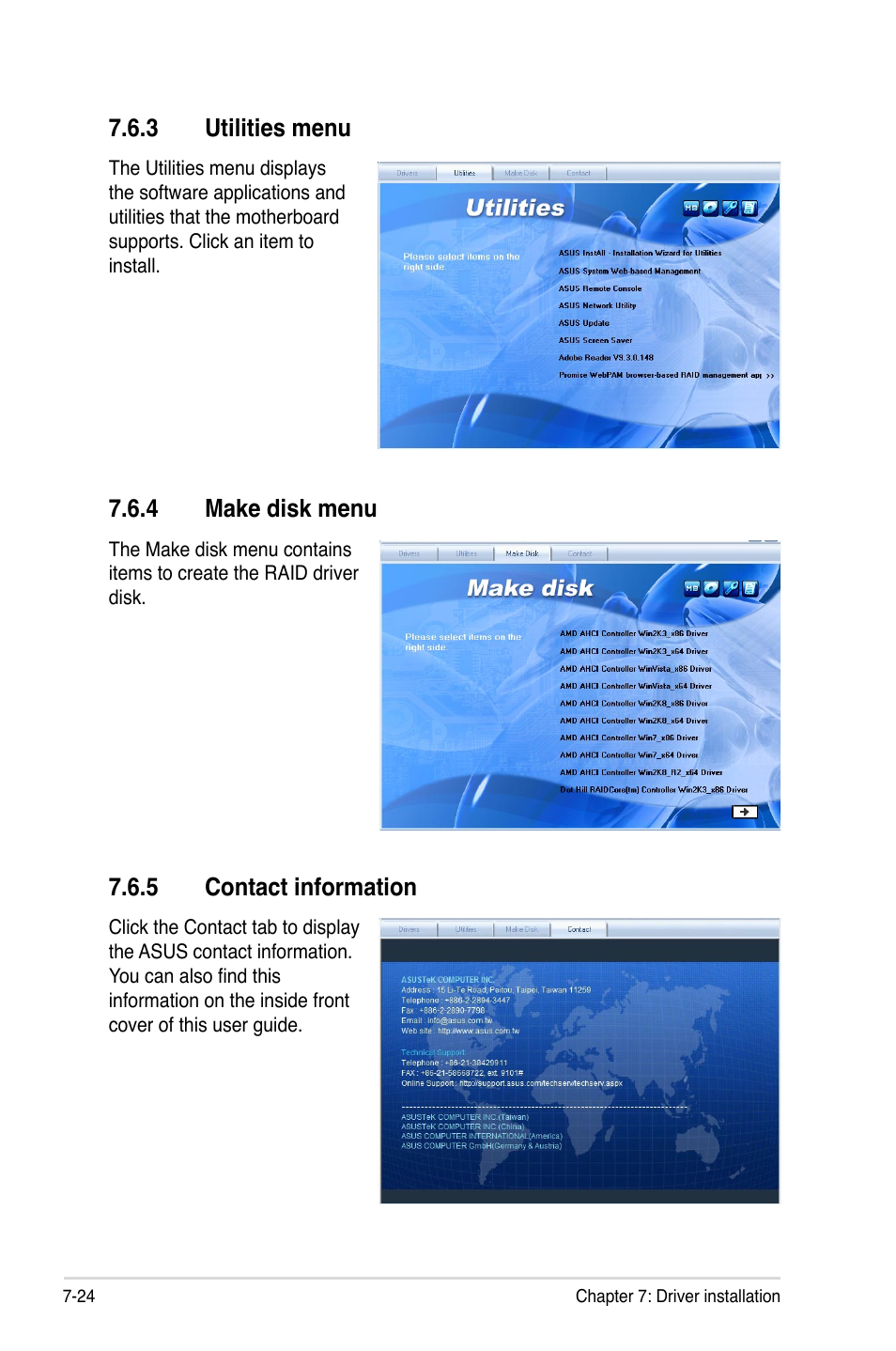 3 utilities menu, 4 make disk menu, 5 contact information | Utilities menu -24, Make disk menu -24, Contact information -24 | Asus RS500A-S6/PS4 User Manual | Page 142 / 142