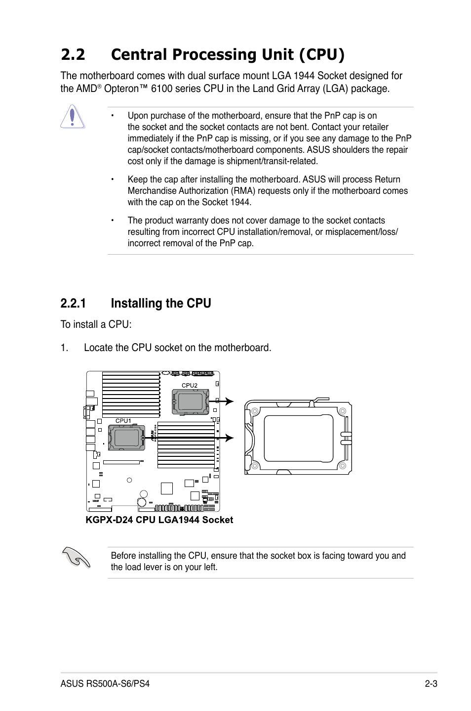 2 central processing unit (cpu), 1 installing the cpu, Central processing unit (cpu) -3 2.2.1 | Installing the cpu -3 | Asus RS500A-S6/PS4 User Manual | Page 21 / 142