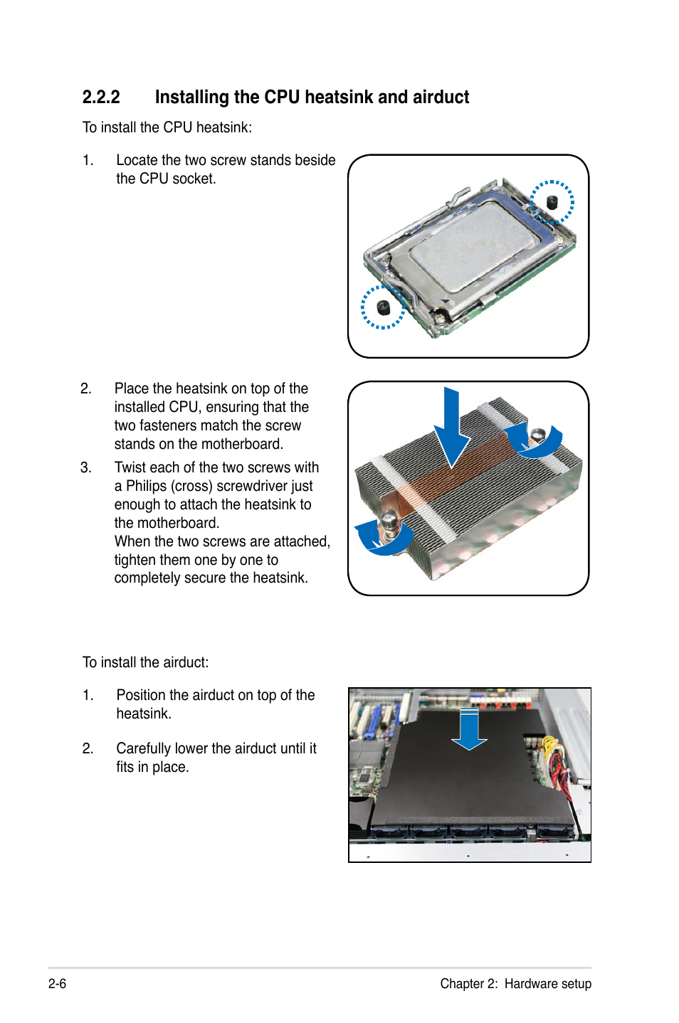 2 installing the cpu heatsink and airduct, Installing the cpu heatsink and airduct -6 | Asus RS500A-S6/PS4 User Manual | Page 24 / 142