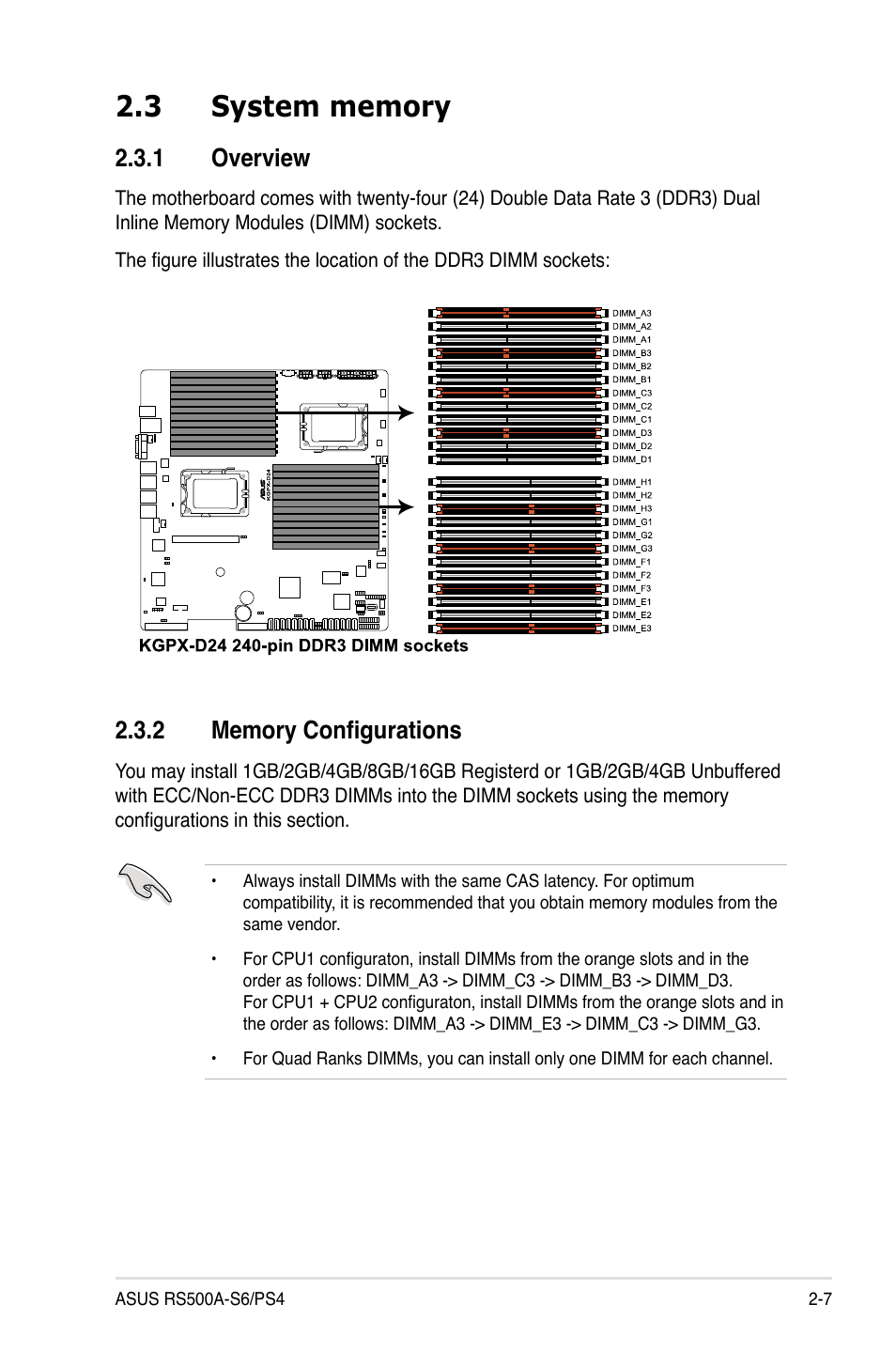 3 system memory, 1 overview, 2 memory configurations | System memory -7 2.3.1, Overview -7, Memory configurations -7 | Asus RS500A-S6/PS4 User Manual | Page 25 / 142