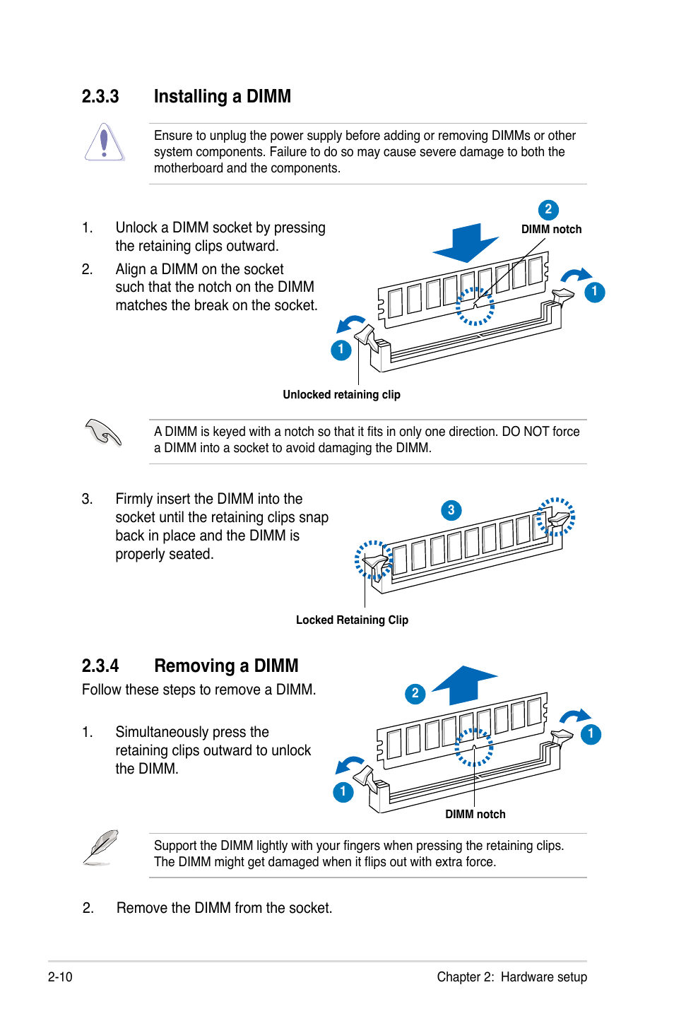 3 installing a dimm, 4 removing a dimm, Installing a dimm -10 | Removing a dimm -10, 3 installing a dimm 2.3.4 removing a dimm | Asus RS500A-S6/PS4 User Manual | Page 28 / 142