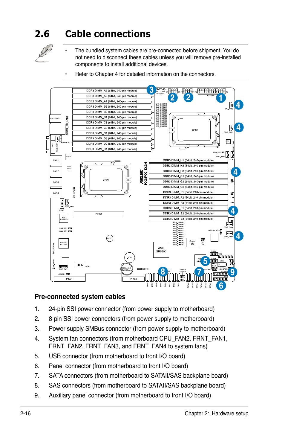 6 cable connections, Cable connections -16 | Asus RS500A-S6/PS4 User Manual | Page 34 / 142