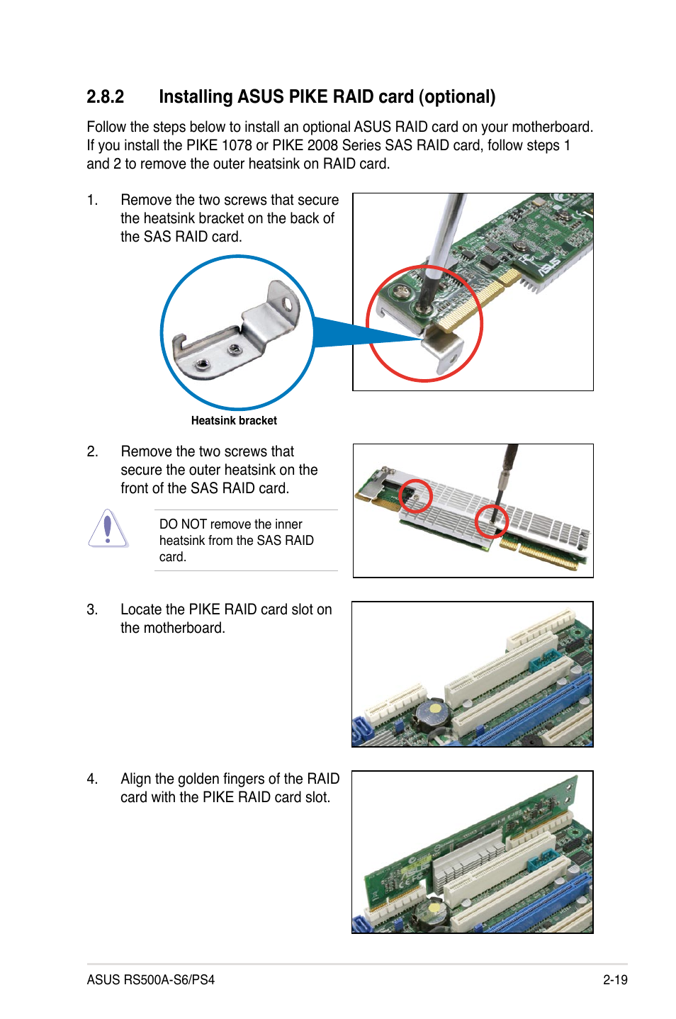 2 installing asus pike raid card (optional), Installing asus pike raid card (optional) -19 | Asus RS500A-S6/PS4 User Manual | Page 37 / 142