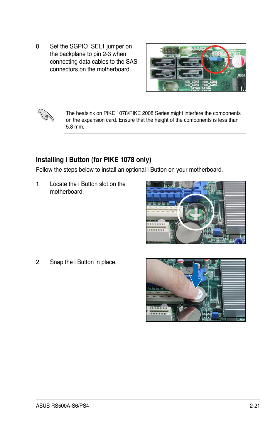 Installing i button (for pike 1078 only) | Asus RS500A-S6/PS4 User Manual | Page 39 / 142