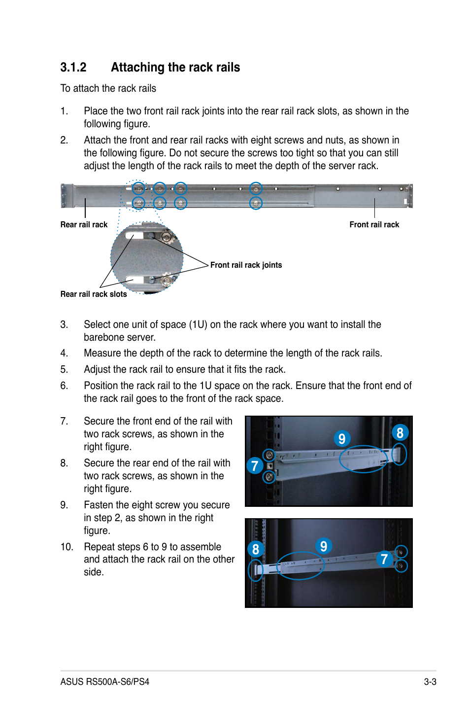 2 attaching the rack rails, Attaching the rack rails -3 | Asus RS500A-S6/PS4 User Manual | Page 43 / 142