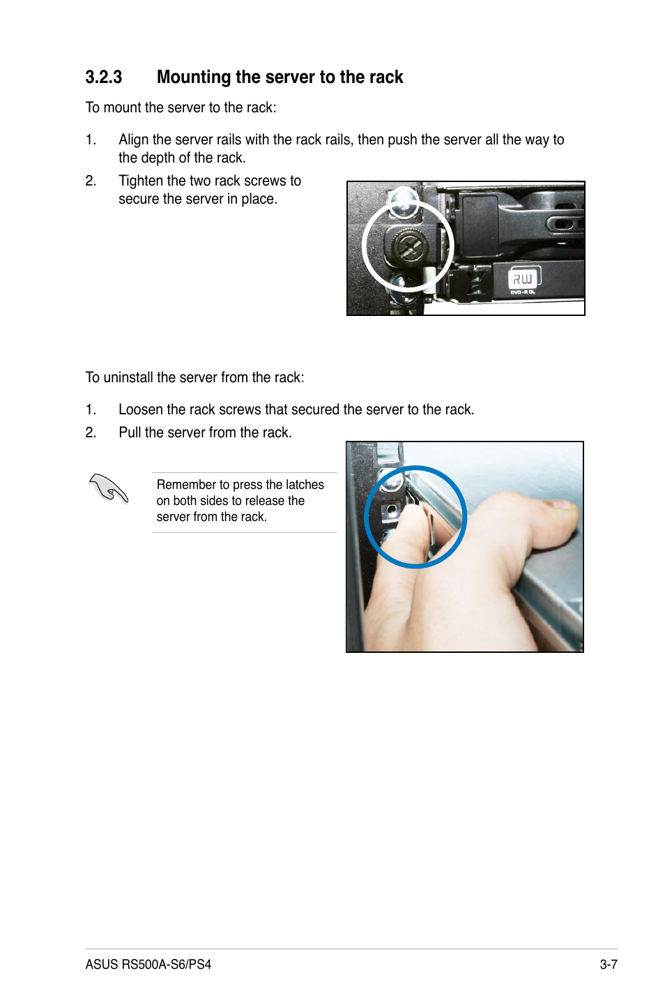 3 mounting the server to the rack, Mounting the server to the rack -7 | Asus RS500A-S6/PS4 User Manual | Page 47 / 142