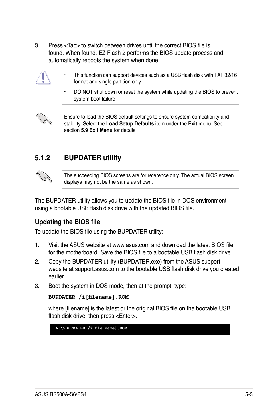 2 bupdater utility, Bupdater utility -3, Updating the bios file | Asus RS500A-S6/PS4 User Manual | Page 67 / 142