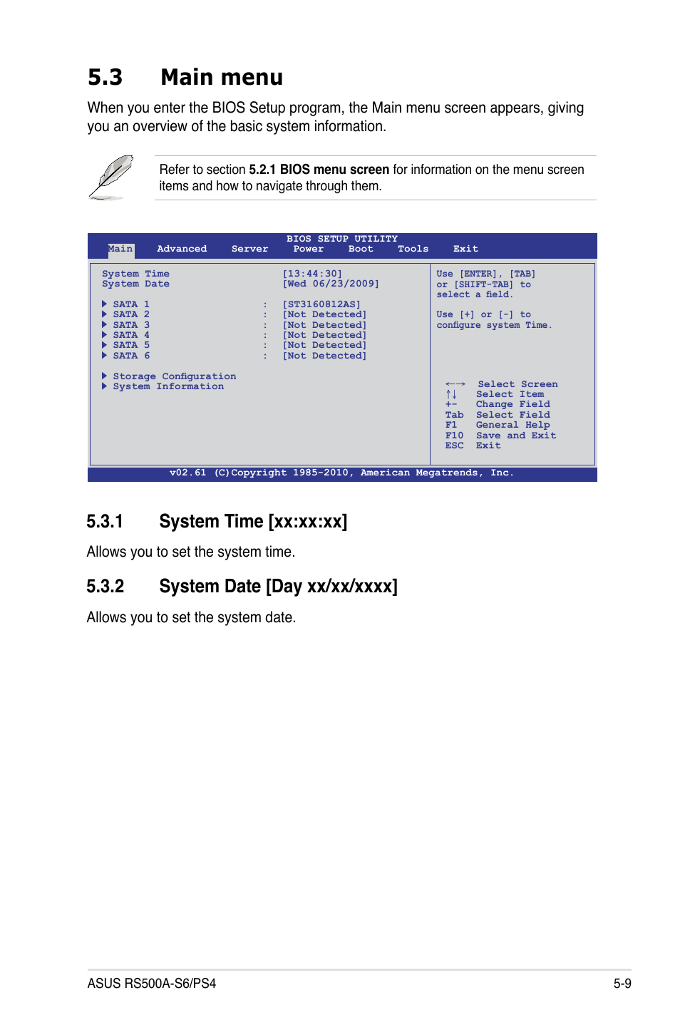 3 main menu, 1 system time [xx:xx:xx, 2 system date [day xx/xx/xxxx | Main menu -9 5.3.1, System time [xx:xx:xx] -9, System date [day xx/xx/xxxx] -9, Allows you to set the system time, Allows you to set the system date | Asus RS500A-S6/PS4 User Manual | Page 73 / 142