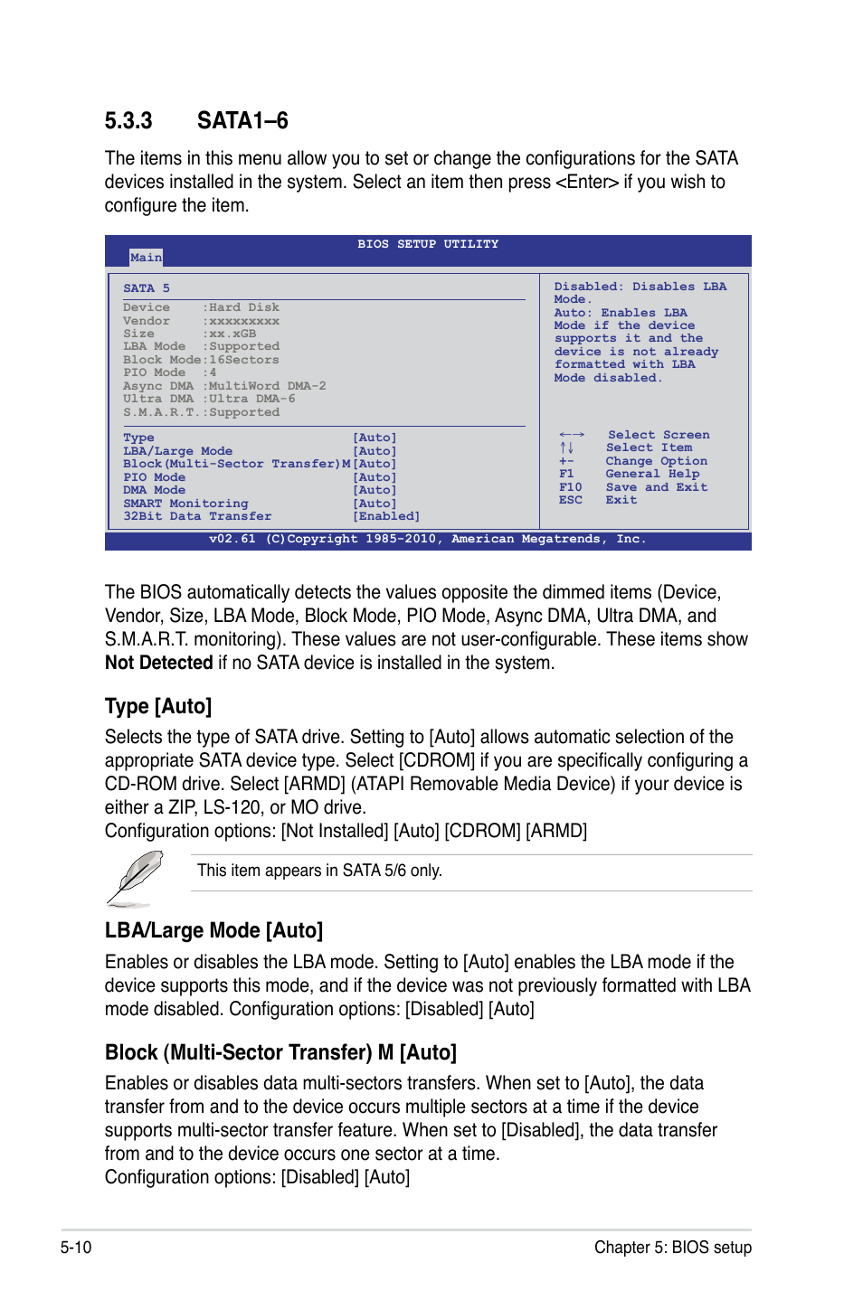 3 sata1–6, Sata1–6 -10, Type [auto | Lba/large mode [auto, Block (multi-sector transfer) m [auto | Asus RS500A-S6/PS4 User Manual | Page 74 / 142