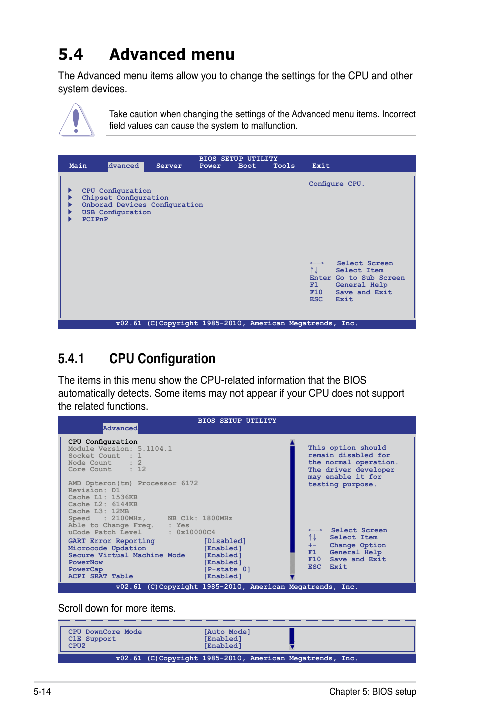 4 advanced menu, 1 cpu configuration, Advanced menu -14 5.4.1 | Cpu configuration -14, Scroll down for more items, 14 chapter 5: bios setup | Asus RS500A-S6/PS4 User Manual | Page 78 / 142