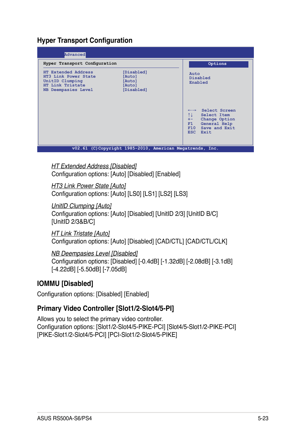 Hyper transport configuration, Iommu [disabled, Primary video controller [slot1/2-slot4/5-pi | Configuration options: [disabled] [enabled | Asus RS500A-S6/PS4 User Manual | Page 87 / 142