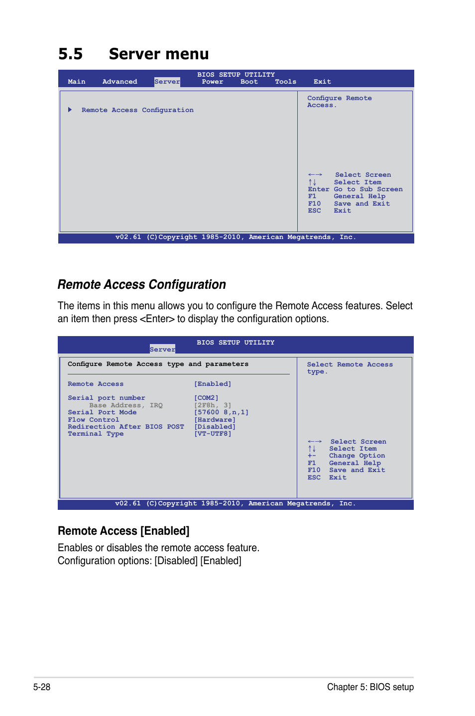 5 server menu, Server menu -28, Remote access configuration | Remote access [enabled, 28 chapter 5: bios setup | Asus RS500A-S6/PS4 User Manual | Page 92 / 142