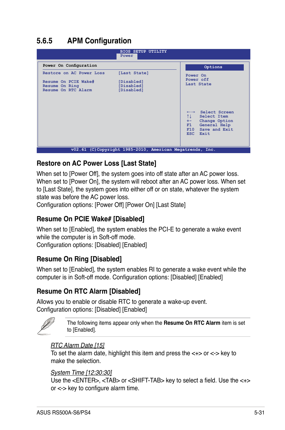 5 apm configuration, Apm configuration -31, Restore on ac power loss [last state | Resume on pcie wake# [disabled, Resume on ring [disabled, Resume on rtc alarm [disabled | Asus RS500A-S6/PS4 User Manual | Page 95 / 142