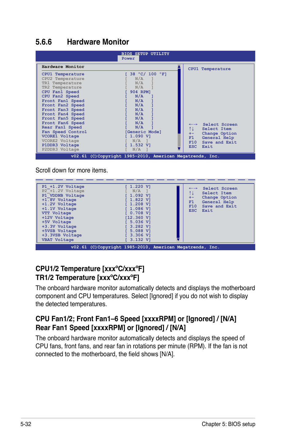 6 hardware monitor, Hardware monitor -32, Scroll down for more items | 32 chapter 5: bios setup | Asus RS500A-S6/PS4 User Manual | Page 96 / 142