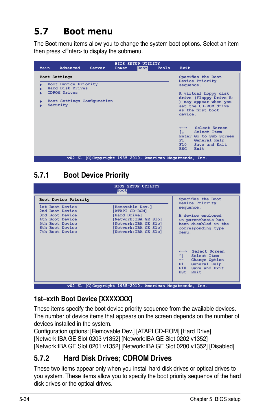 7 boot menu, 1 boot device priority, 2 hard disk drives; cdrom drives | Boot menu -34 5.7.1, Boot device priority -34, Hard disk drives; cdrom drives -34 | Asus RS500A-S6/PS4 User Manual | Page 98 / 142
