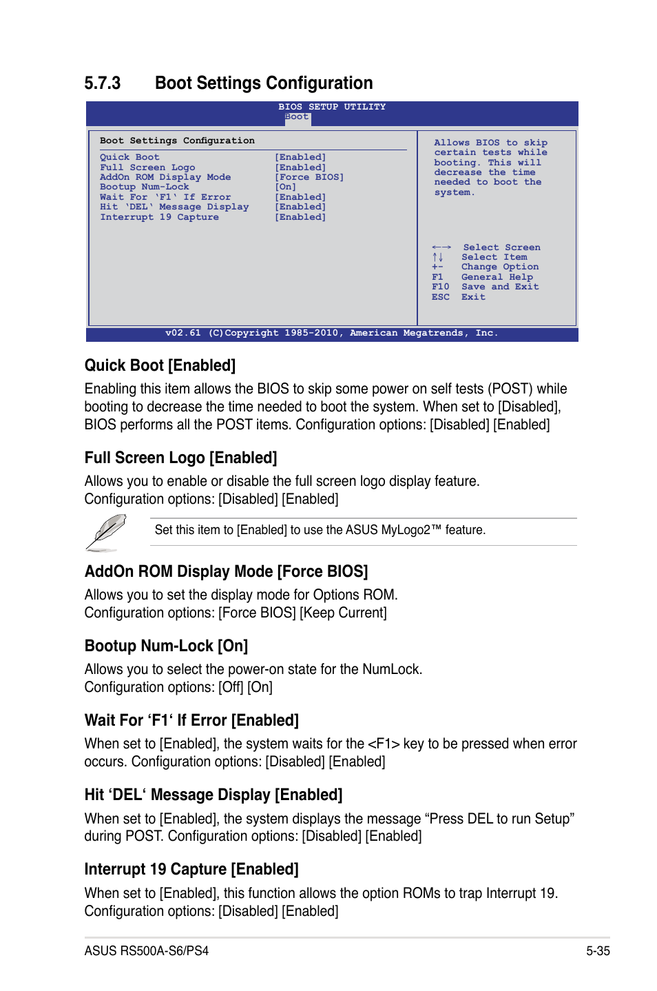 3 boot settings configuration, Boot settings configuration -35, Quick boot [enabled | Full screen logo [enabled, Addon rom display mode [force bios, Bootup num-lock [on, Wait for ‘f1‘ if error [enabled, Hit ‘del‘ message display [enabled, Interrupt 19 capture [enabled | Asus RS500A-S6/PS4 User Manual | Page 99 / 142