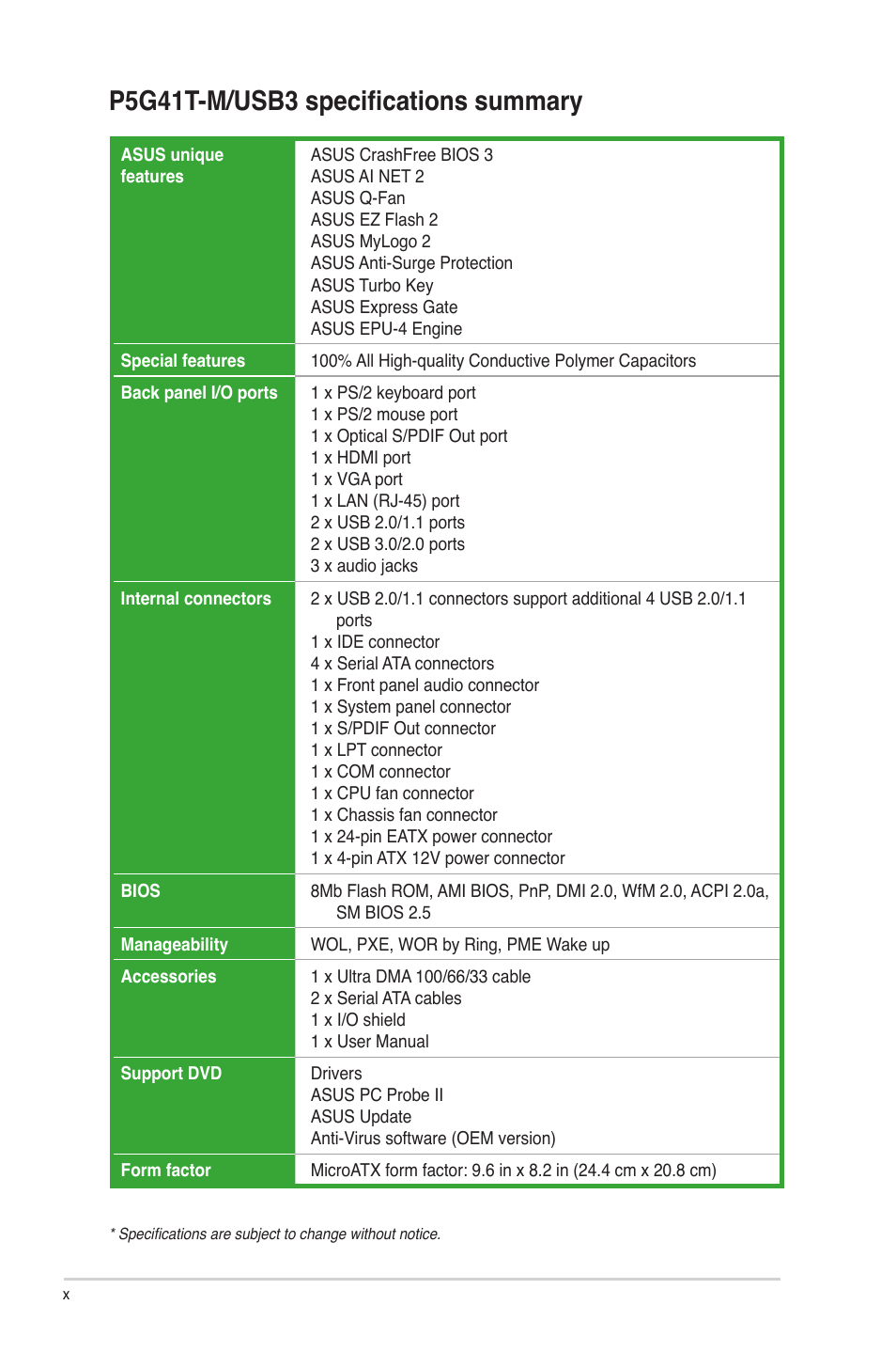 P5g41t-m/usb3 specifications summary | Asus P5G41T-M/USB3 User Manual | Page 10 / 62