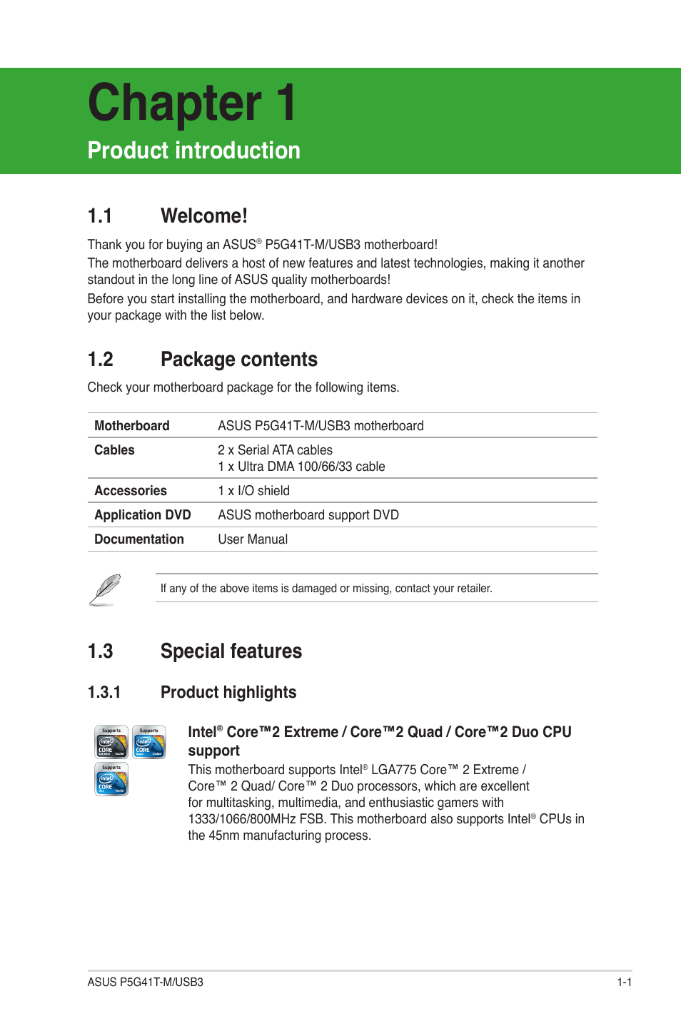 Chapter 1: product introduction, 1 welcome, 2 package contents | 3 special features, 1 product highlights, Welcome! -1, Package contents -1, Special features -1 1.3.1, Product highlights -1, Chapter 1 | Asus P5G41T-M/USB3 User Manual | Page 11 / 62