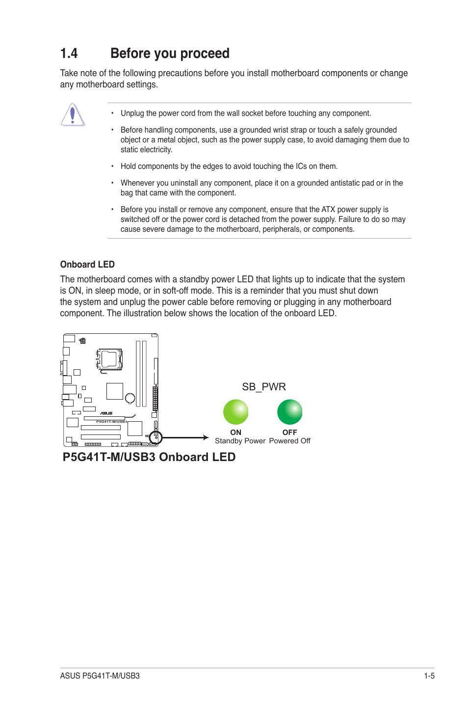 4 before you proceed, Before you proceed -5, P5g41t-m/usb3 onboard led | Asus P5G41T-M/USB3 User Manual | Page 15 / 62