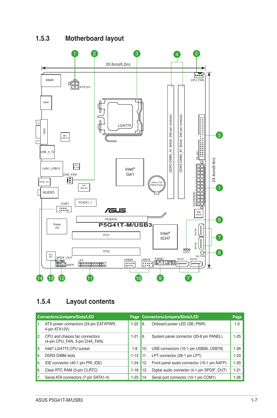 3 motherboard layout, 4 layout contents, Motherboard layout -7 | Layout contents -7, P5g41t-m/usb3 | Asus P5G41T-M/USB3 User Manual | Page 17 / 62