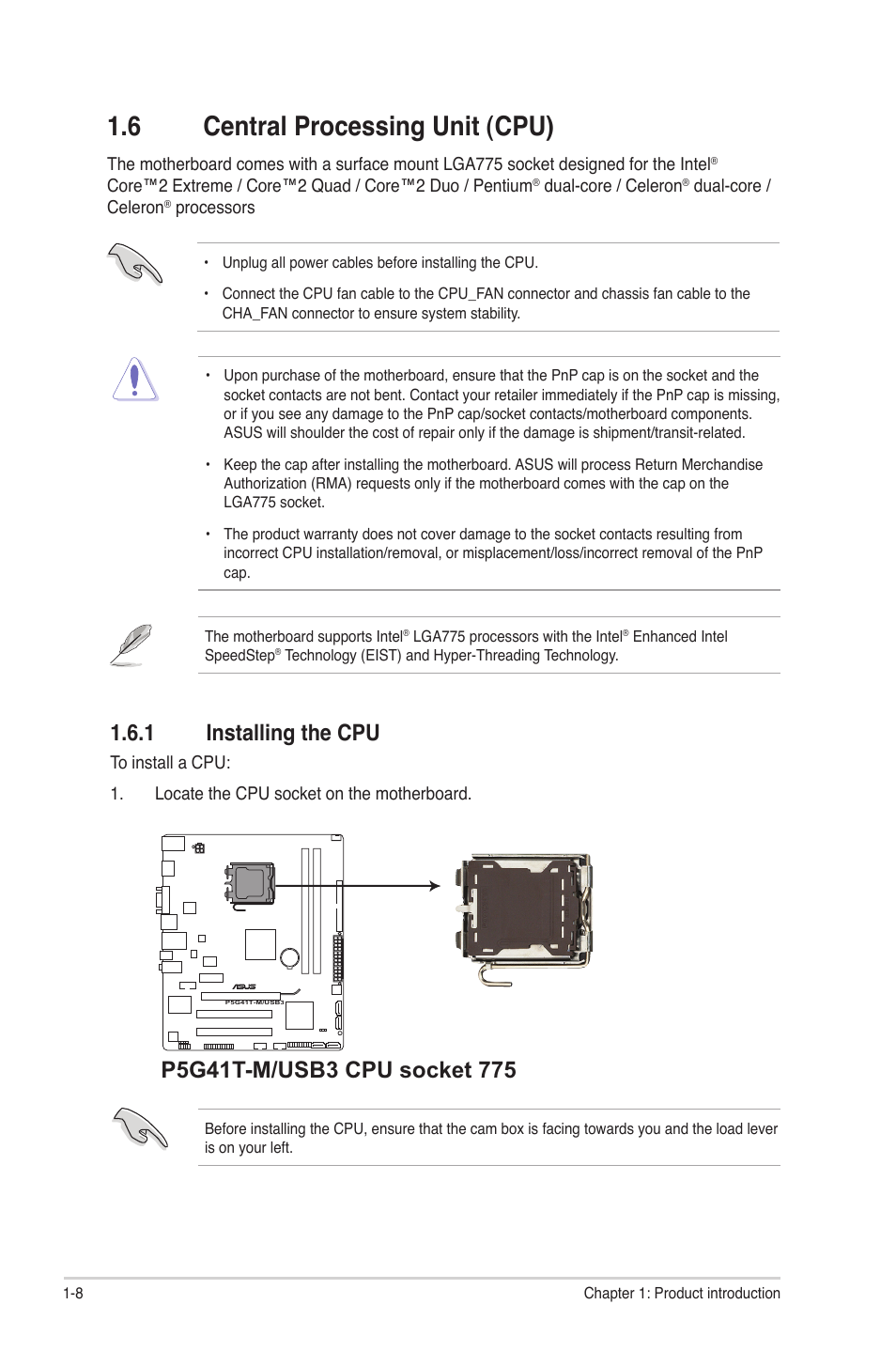 6 central processing unit (cpu), 1 installing the cpu, Central processing unit (cpu) -8 1.6.1 | Installing the cpu -8 | Asus P5G41T-M/USB3 User Manual | Page 18 / 62