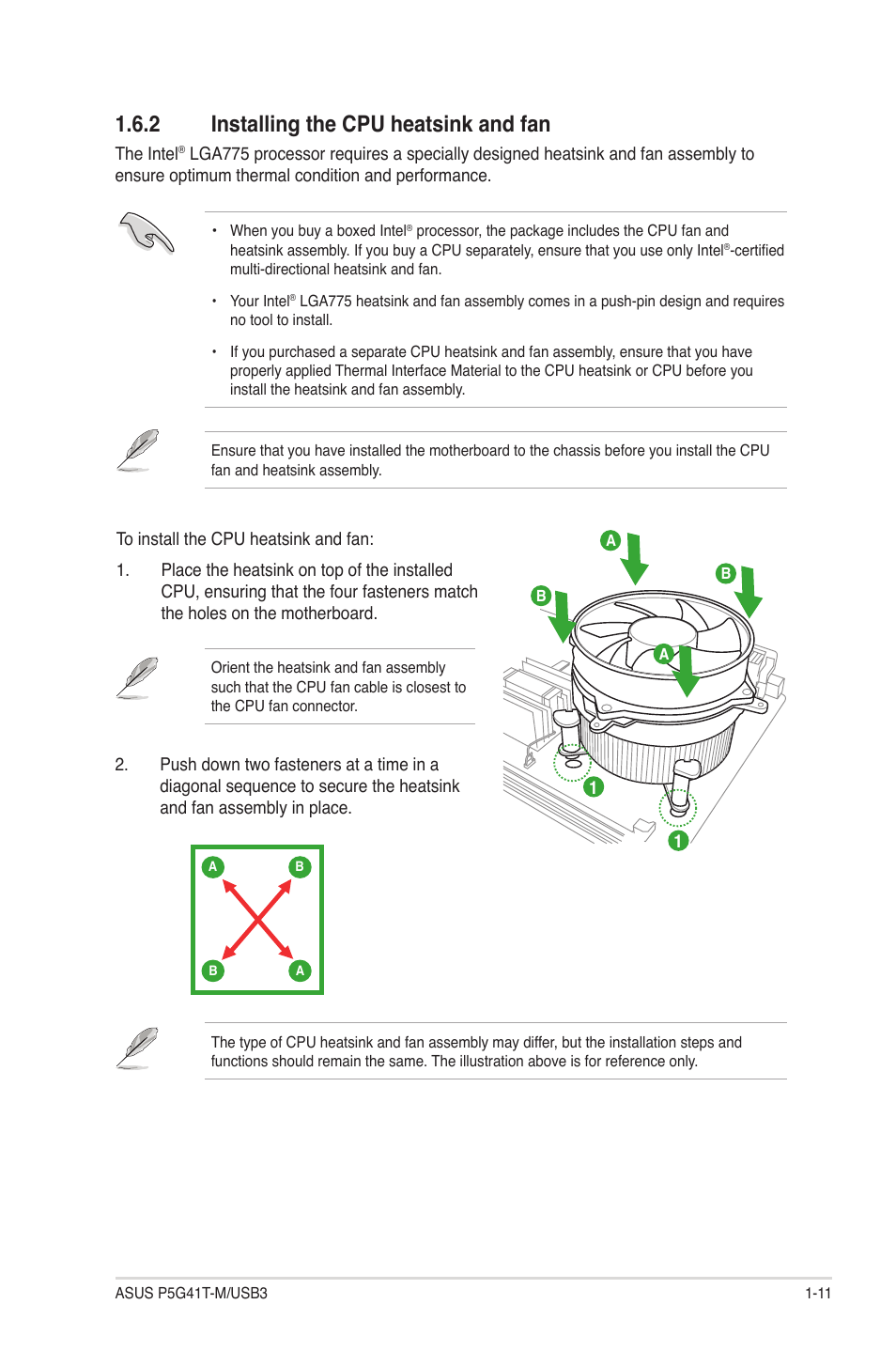 2 installing the cpu heatsink and fan, Installing the cpu heatsink and fan -11 | Asus P5G41T-M/USB3 User Manual | Page 21 / 62