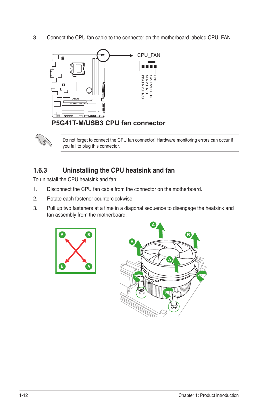 3 uninstalling the cpu heatsink and fan, Uninstalling the cpu heatsink and fan -12, P5g41t-m/usb3 cpu fan connector | Asus P5G41T-M/USB3 User Manual | Page 22 / 62