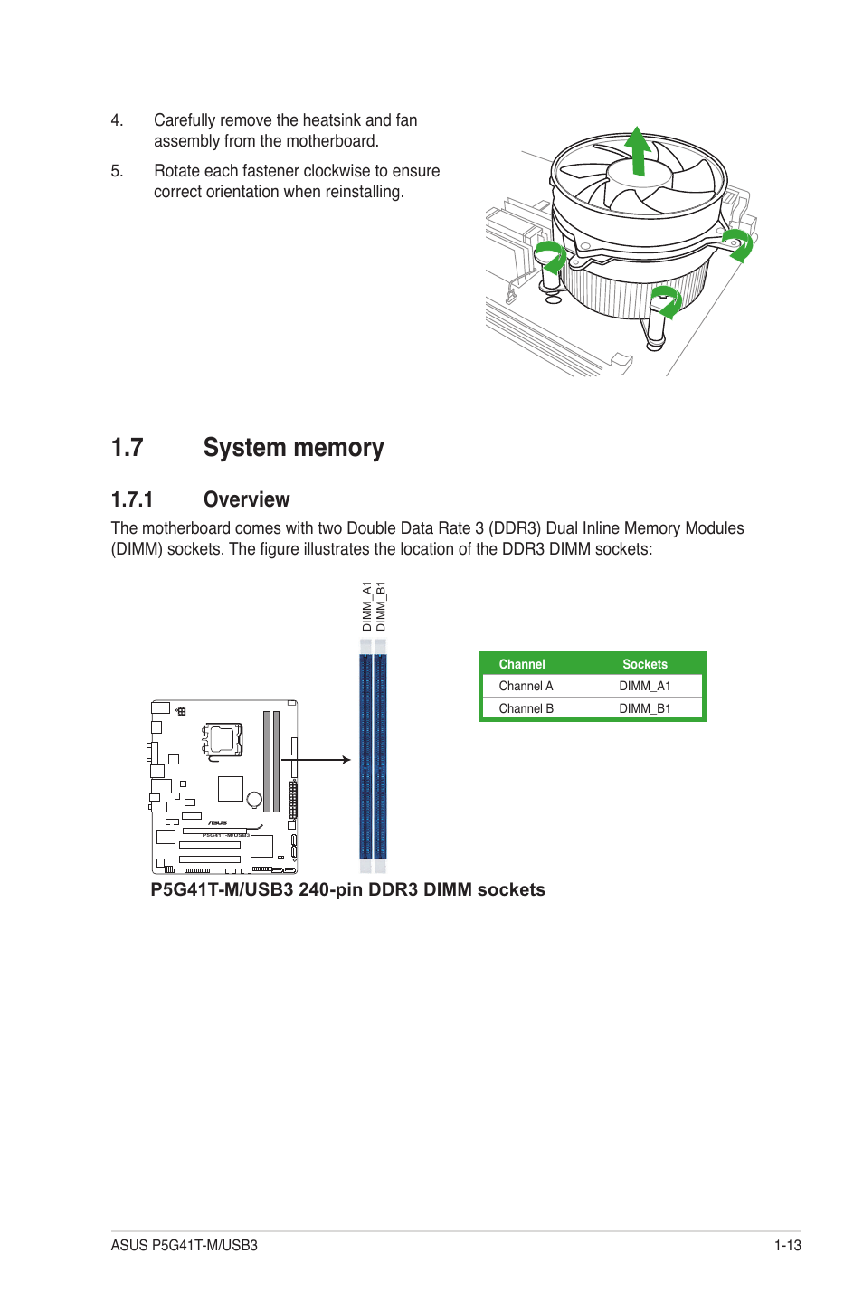 7 system memory, 1 overview, System memory -13 1.7.1 | Overview -13 | Asus P5G41T-M/USB3 User Manual | Page 23 / 62