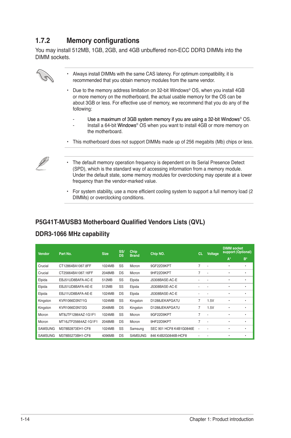 2 memory configurations, Memory configurations -14 | Asus P5G41T-M/USB3 User Manual | Page 24 / 62